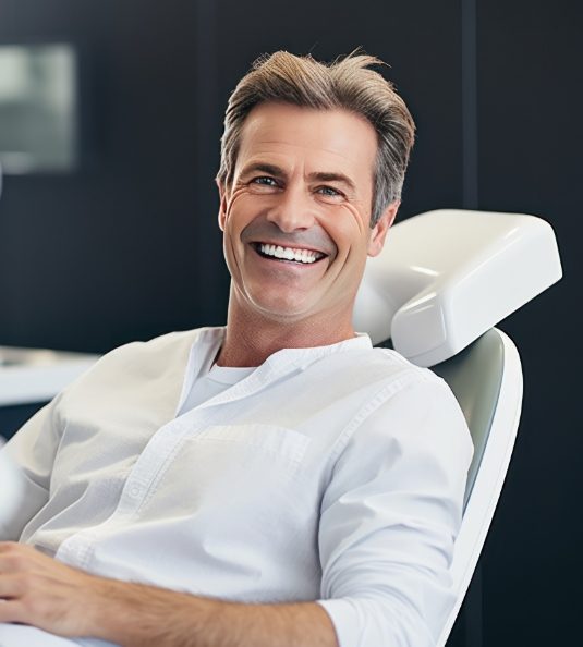 Man in white shirt sitting in dental chair and smiling