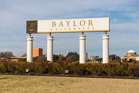 Sign for Baylor University held by pillars