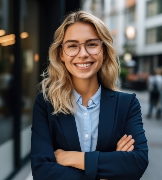 Blonde woman with glasses smiling with arms folded